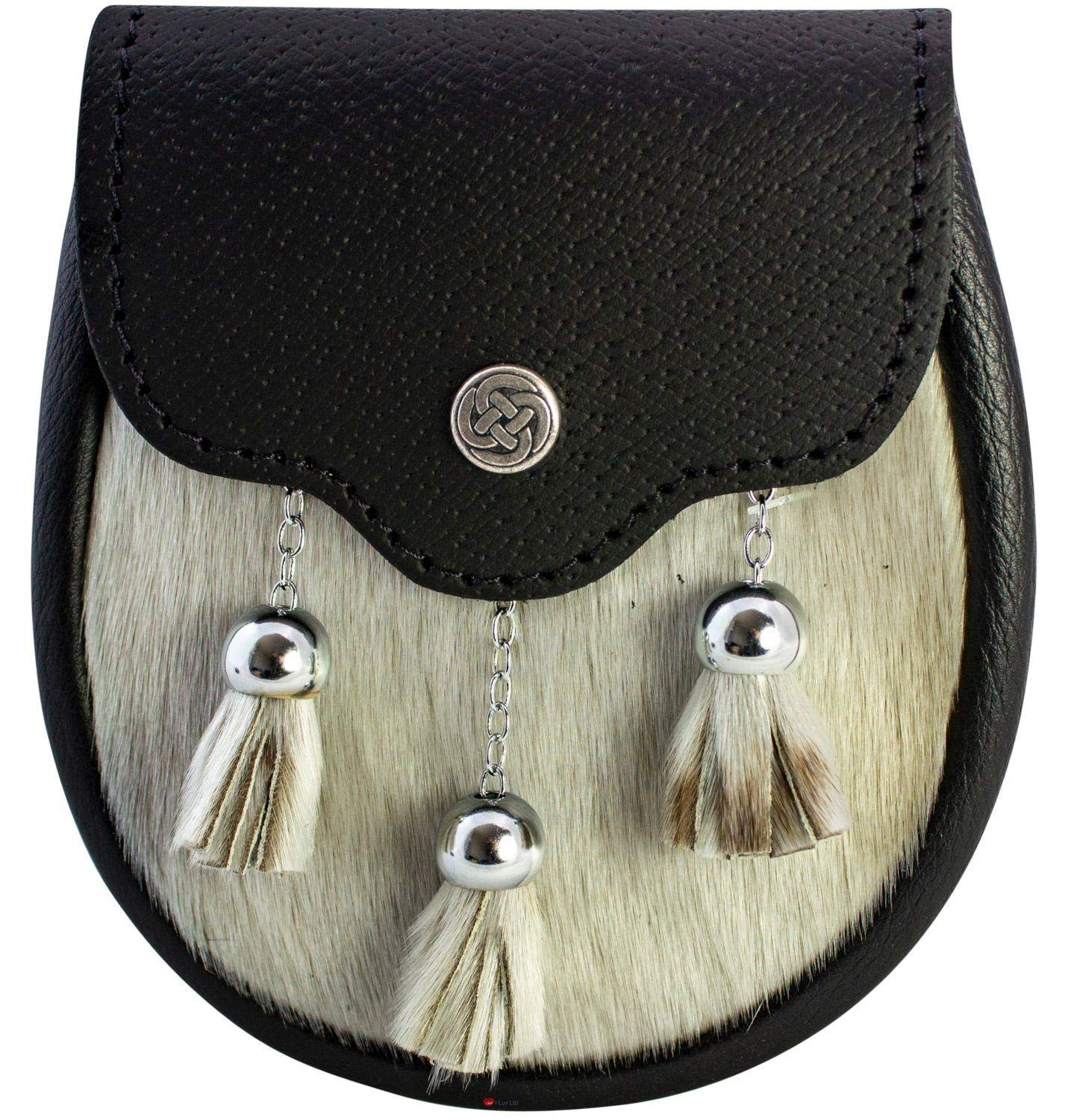 I LUV LTD Boys Sporran Semi-Dress Black Leather Inc Chain Belt White Faux Fur Medium Scottish Made