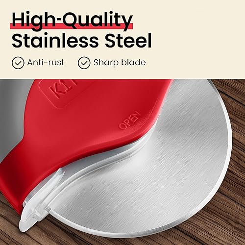 Miniatura 13 de Rueda para cortar pizza con protección para cuchilla Kitchy, rebanador súper afilado y fácil de limpiar, de acero inoxidable, Azul Azul,Verde,Rojo