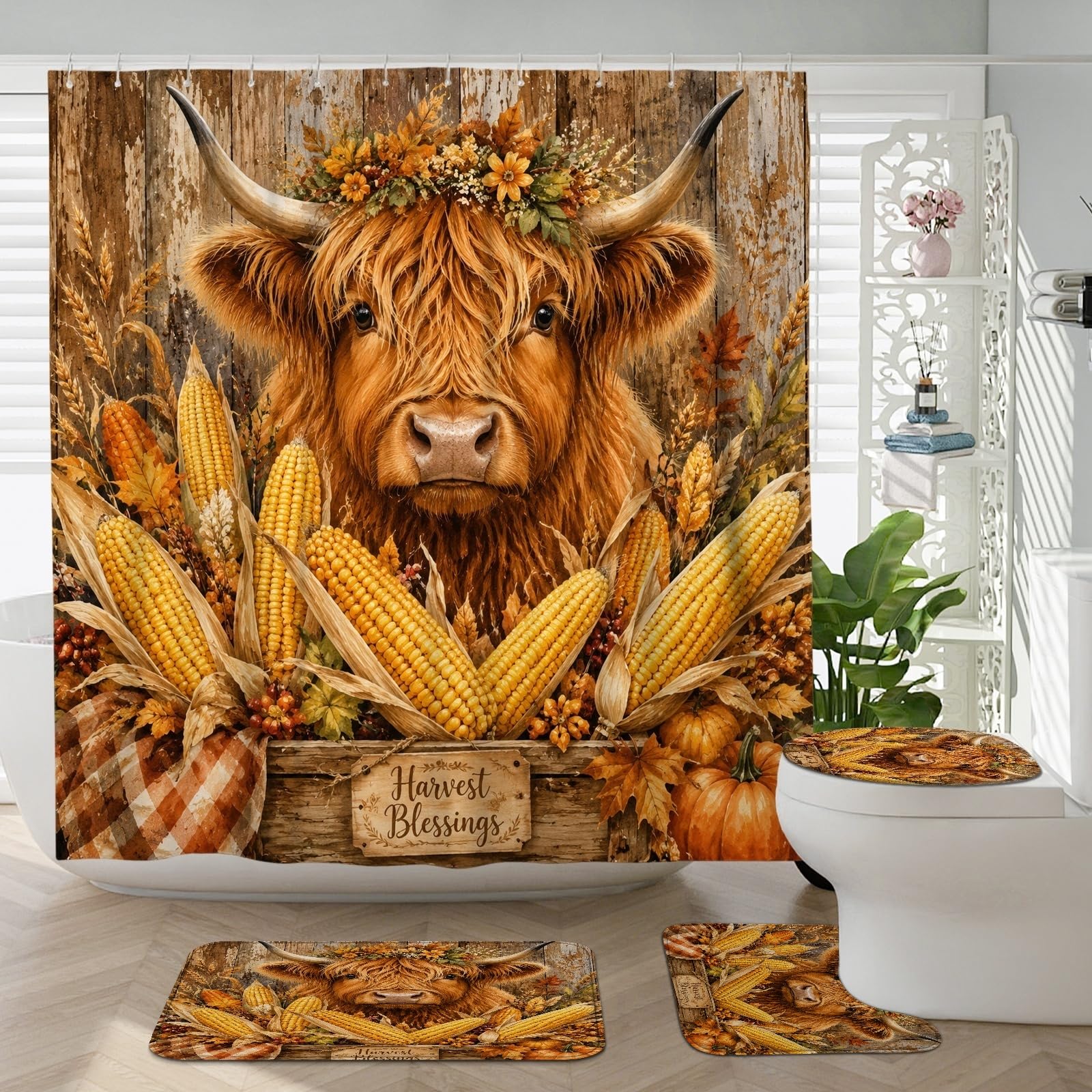Ensemble de rideaux de douche rustiques en tissu imprimé avec crochets et tapis décoratifs pour salle de bain et dortoir, motif vache, maïs, citrouille, orange, 183 x 183 cm