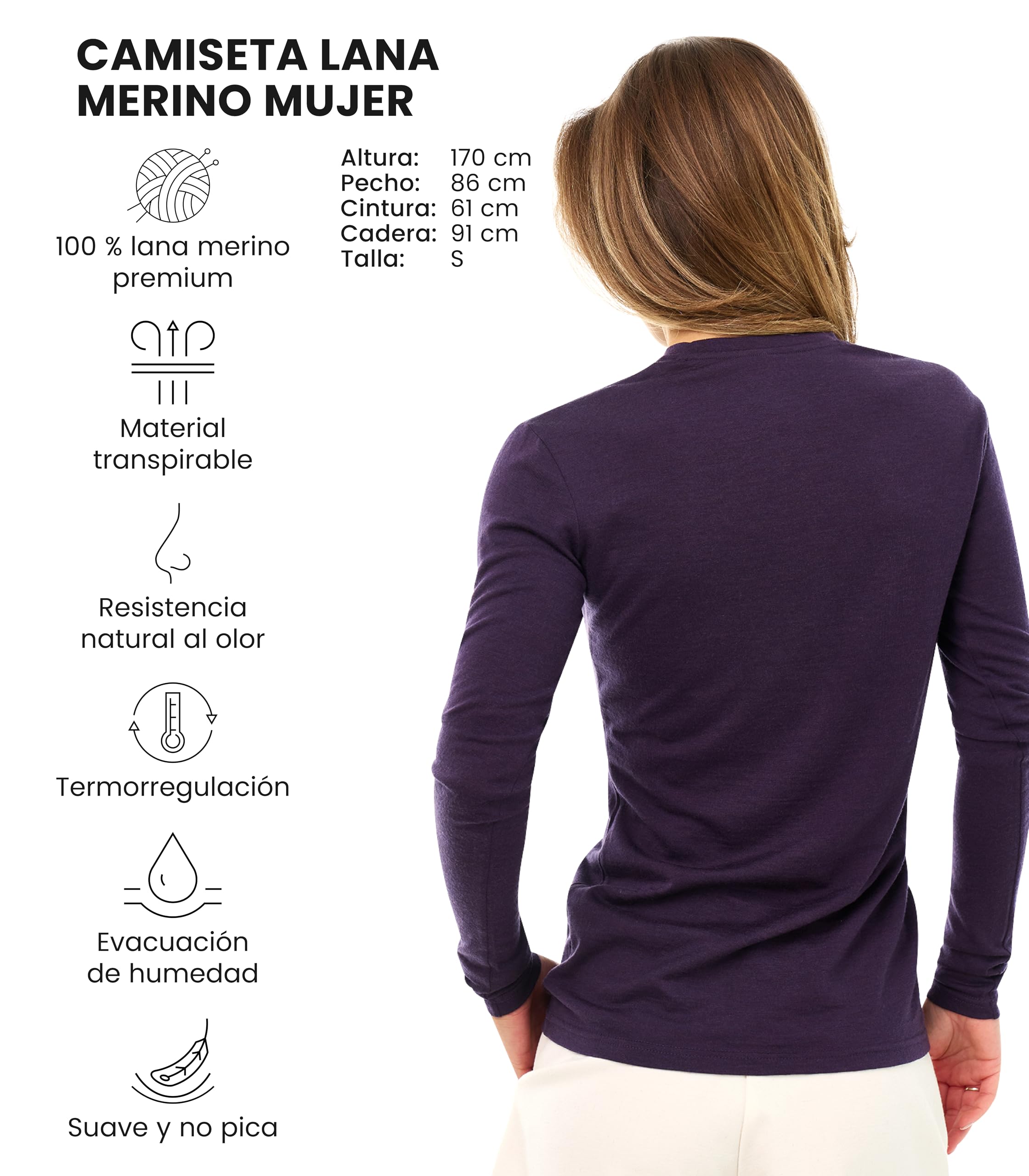 Merino.tech Сamisetas Mujer Manga Larga - 100% Lana Merino Ropa Termica