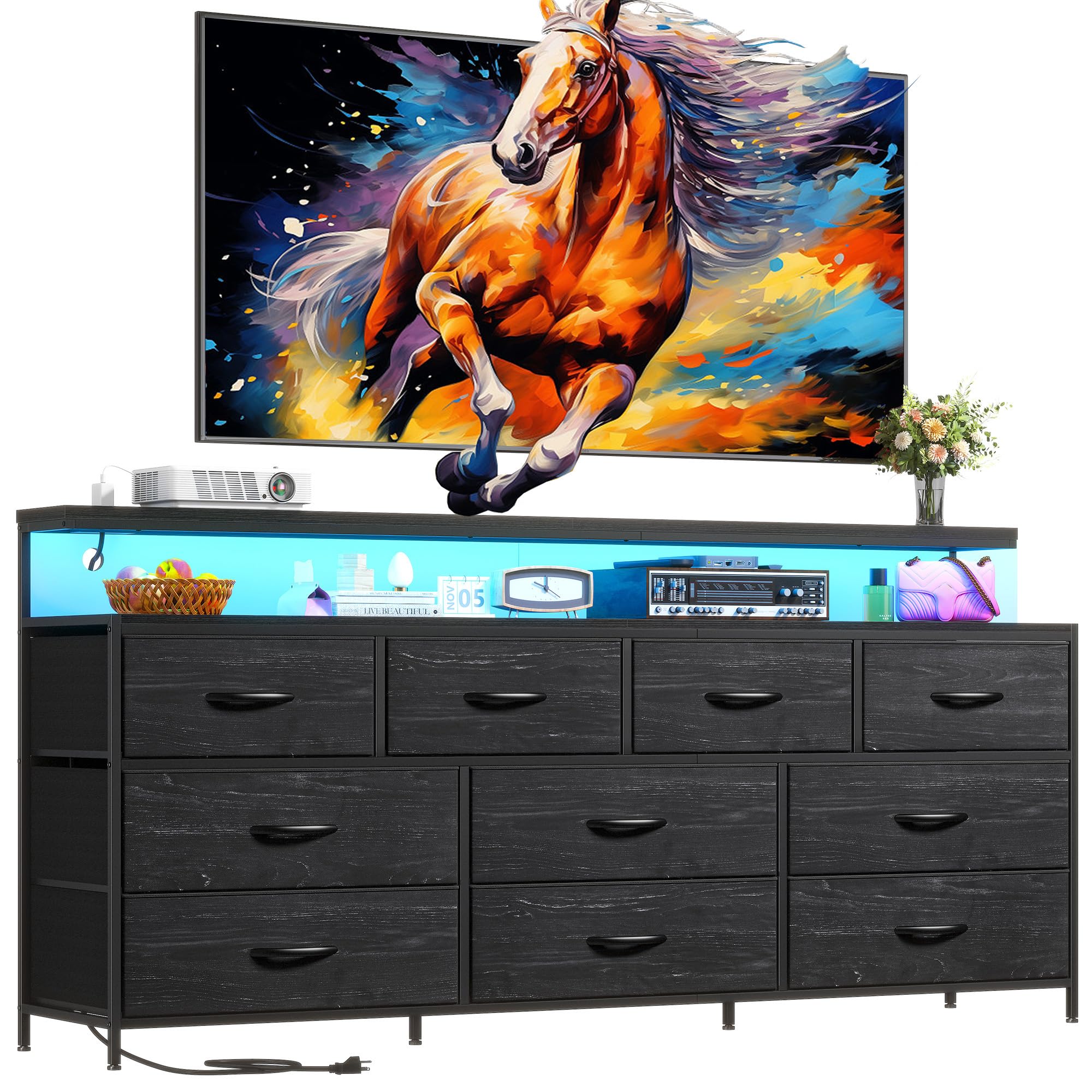 EnHomee 55" W Dresser for Bedroom with 10 Fabric Drawers Long Dresser with LED Lights & Power Outlets Dressers & Chests of Drawers Large Organizer for Bedroom, Metal Frame, Wood Top, Charcoal Black