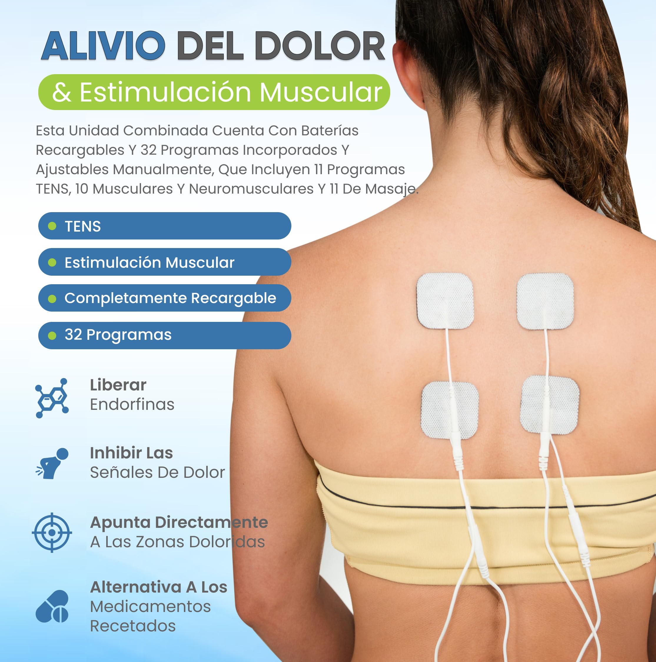 Máquina TENS combinada con estimulador muscular, TENS recargable de doble canal fácil de usar con 32 programas preestablecidos y ajustable manualmente para aliviar el dolor y reeducación muscular