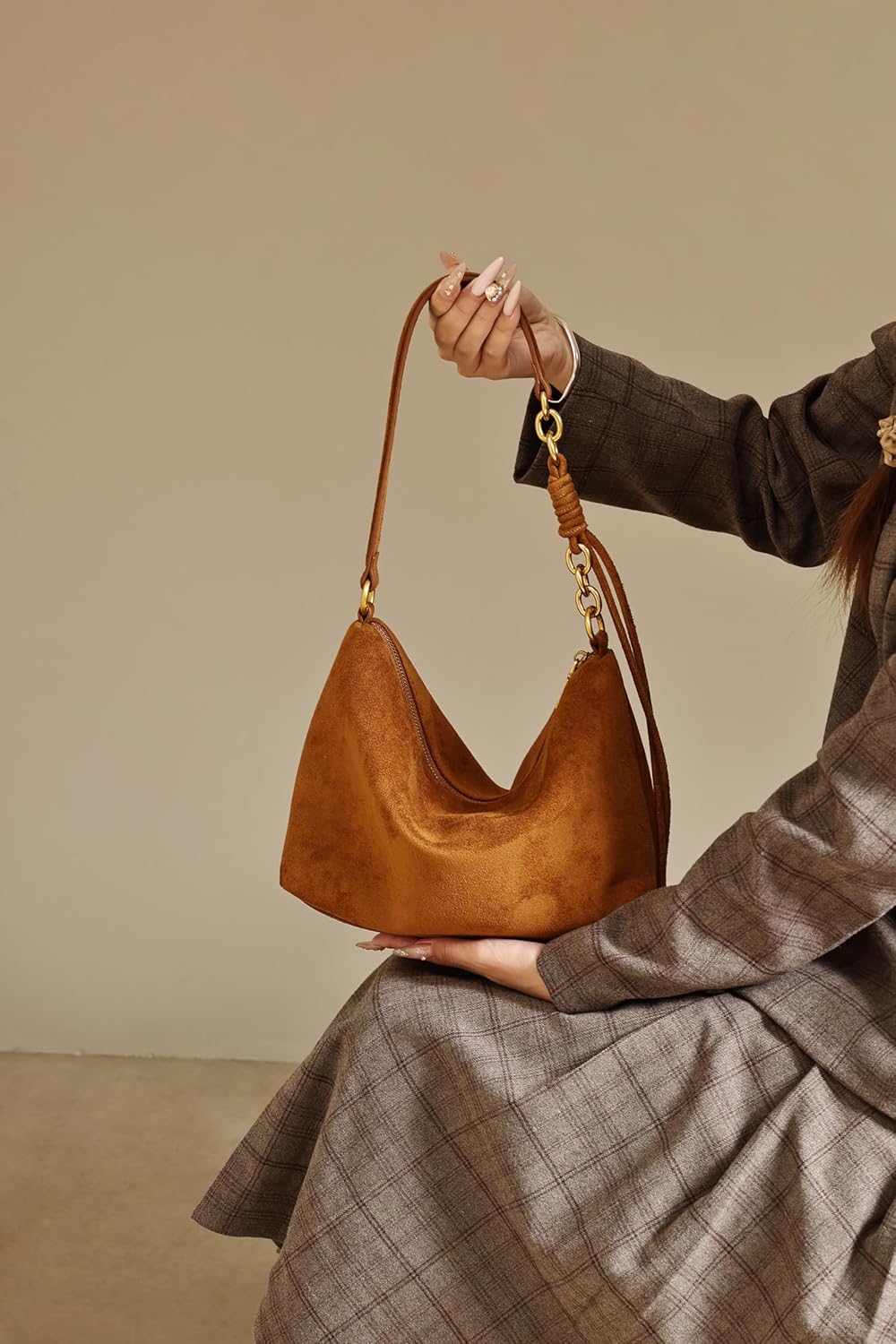 Small Shoulder bag For Women Faux Suede Handbag Soft Hobo Cute Crossbody with Adjustable Strap - Image 3