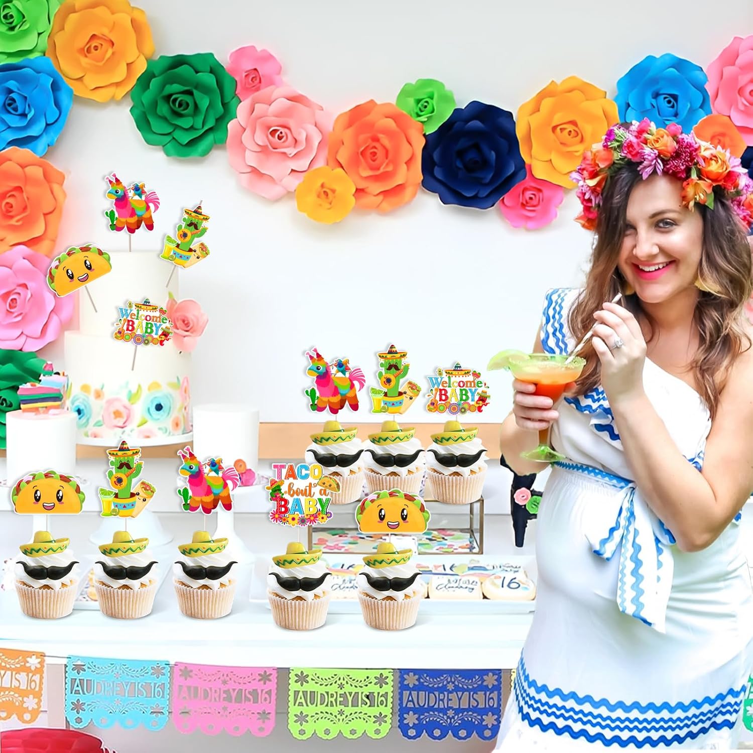 36 Pcs Taco Bout a Baby Cupcake Toppers - Mexican Fiesta Baby Shower Decorations, Double Sided Paper Taco Bout a Baby Cake Decor for Pregnancy Celebration Newborn Party