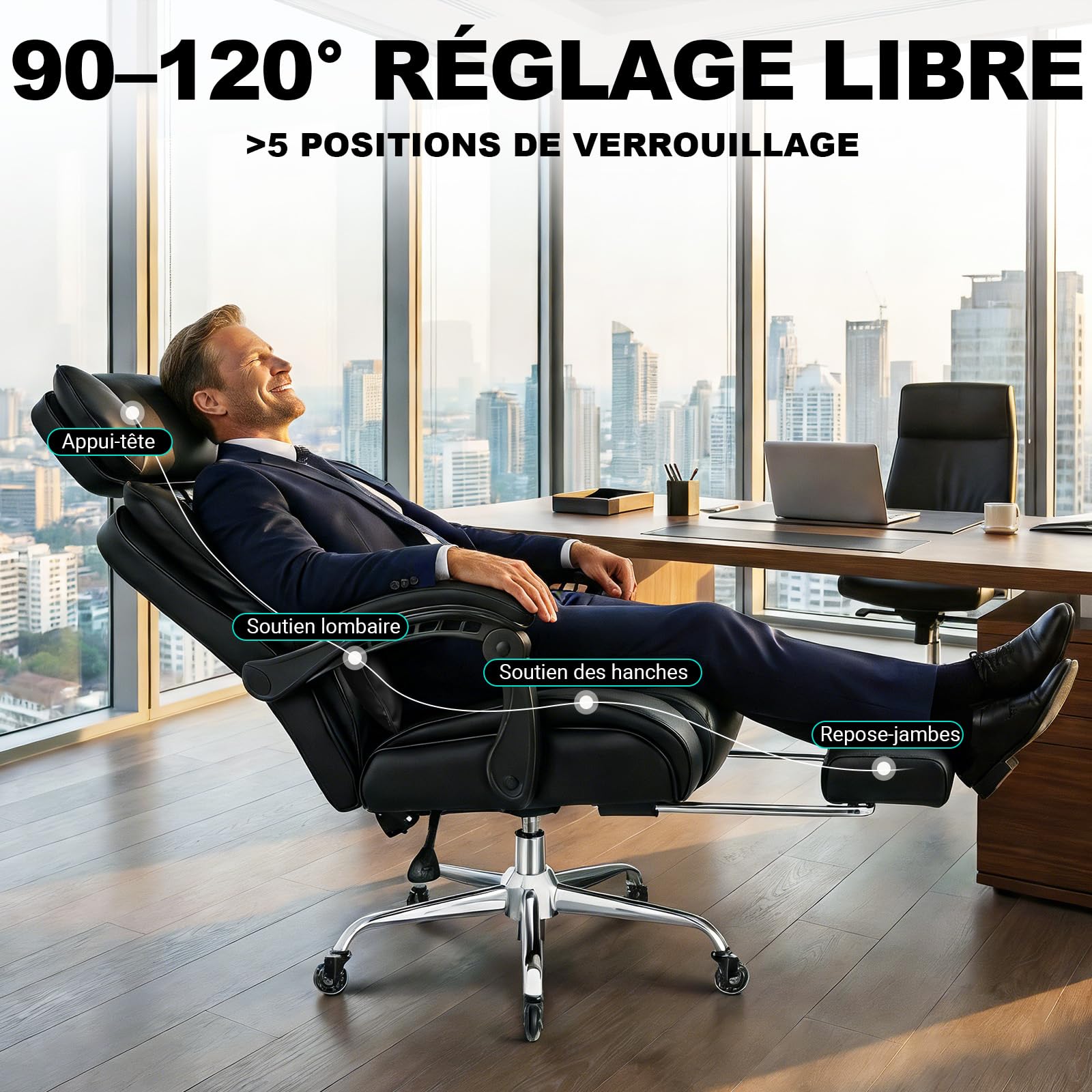 BASETBL Fauteuil Bureau 200kg, Chaise Bureau Ergonomique Confortable, Coussin de Siège en Ressort, Tête Reposable Ajustable, Repose-Jambes Multifonction, roulettes en Caoutchouc silencieuses, EN12520
