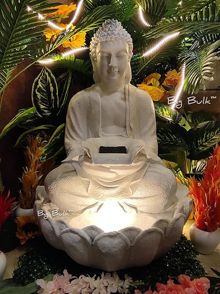 Big Bulk Fiberglass White Kamal Buddha/Lotus Buddha Fiber Indoor Outdoor Fountain With Led Lights For Home Decor And Office Decoration Or Gifting(30.5 X 25.4 X 54 Cm)