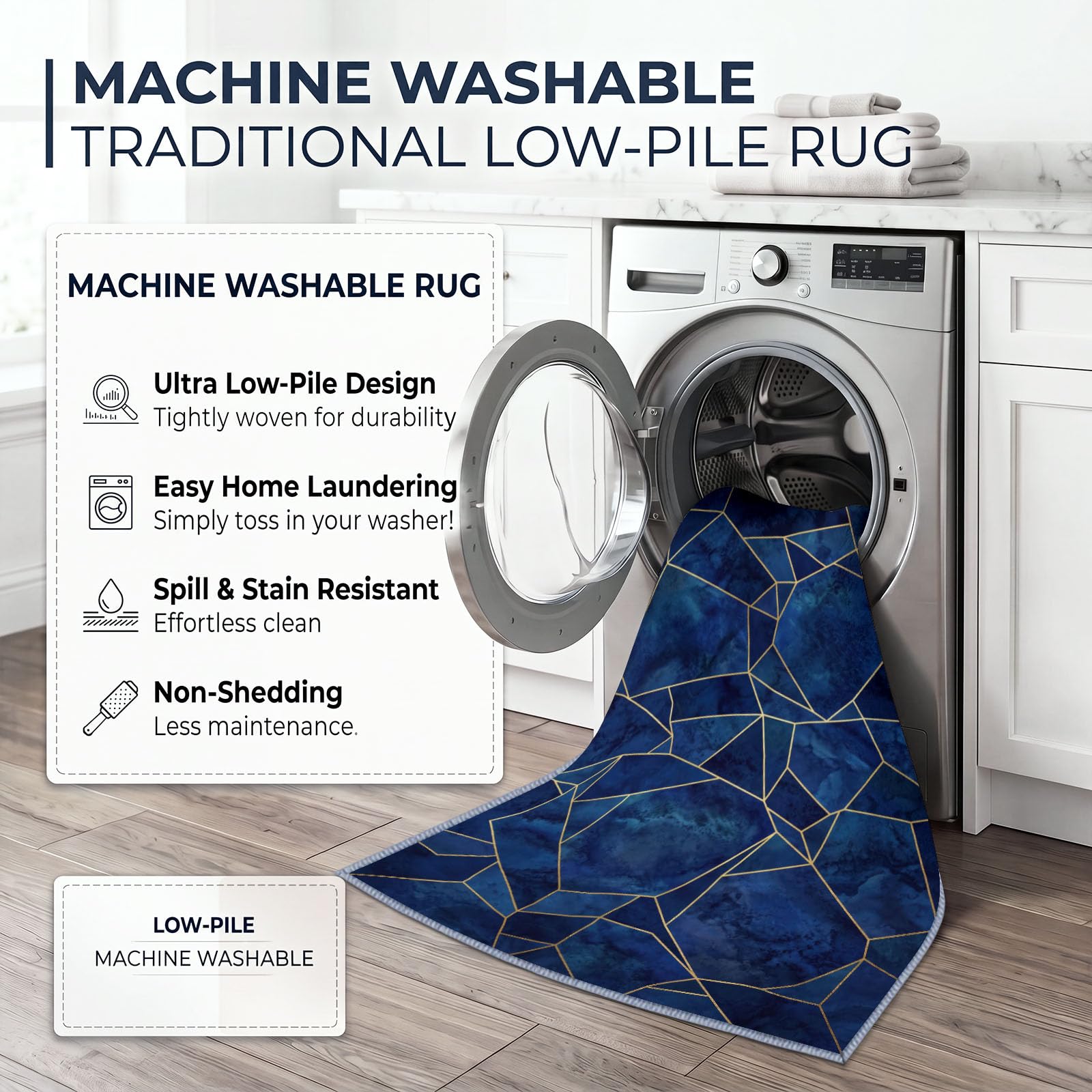 Style Marbre Tapis Salon 80x150cm, Lavable en Machine Antidérapant Grand Lignes Dorées Polygone Géométrique Bleu, Tapis Doux à Poil Ras pour Bureau, Chambre, Salle à Manger