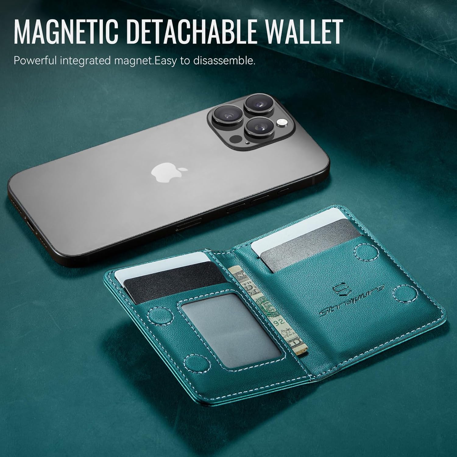 Strapurs Magnetic Card Holder Compatible with MagSafe Phones and Cases, PU Leather Phone Wallet for iPhone 17/16/15/14/13/12/Pro/Max/Plus/Air, 4 Card Slots RFID Blocking with Zipper Pocket,Bluegreen