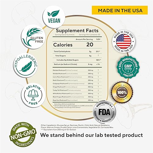 Miniatura 2 de Gomitas de suplemento de hongos orgánicos - Impulso de inmunidad, energía natural, apoyo cerebral y de memoria - Mezcla de 10 hongos - 60 gomitas -