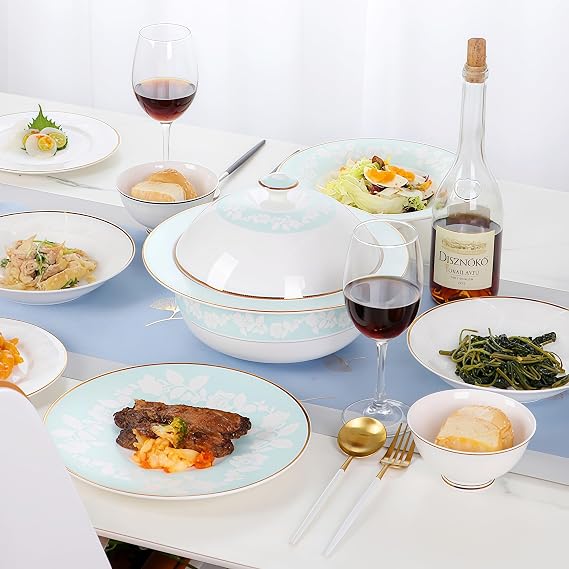 Fine Bone China Dinnerware Set,Porcelain&Ceramic Dinnerware Sets,Bone Stoneware&Ceramic Cookware Tableware Set Includes Dinner Plates|Spoons|Pasta Bowls|Soup Pot|Chopsticks (38PCS * 6-Person Set)