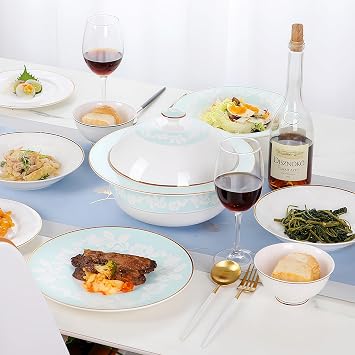 Fine Bone China Dinnerware Set,Porcelain&Ceramic Dinnerware Sets,Bone Stoneware&Ceramic Cookware Tableware Set Includes Dinner Plates|Spoons|Pasta Bowls|Soup Pot|Chopsticks (38PCS * 6-Person Set)