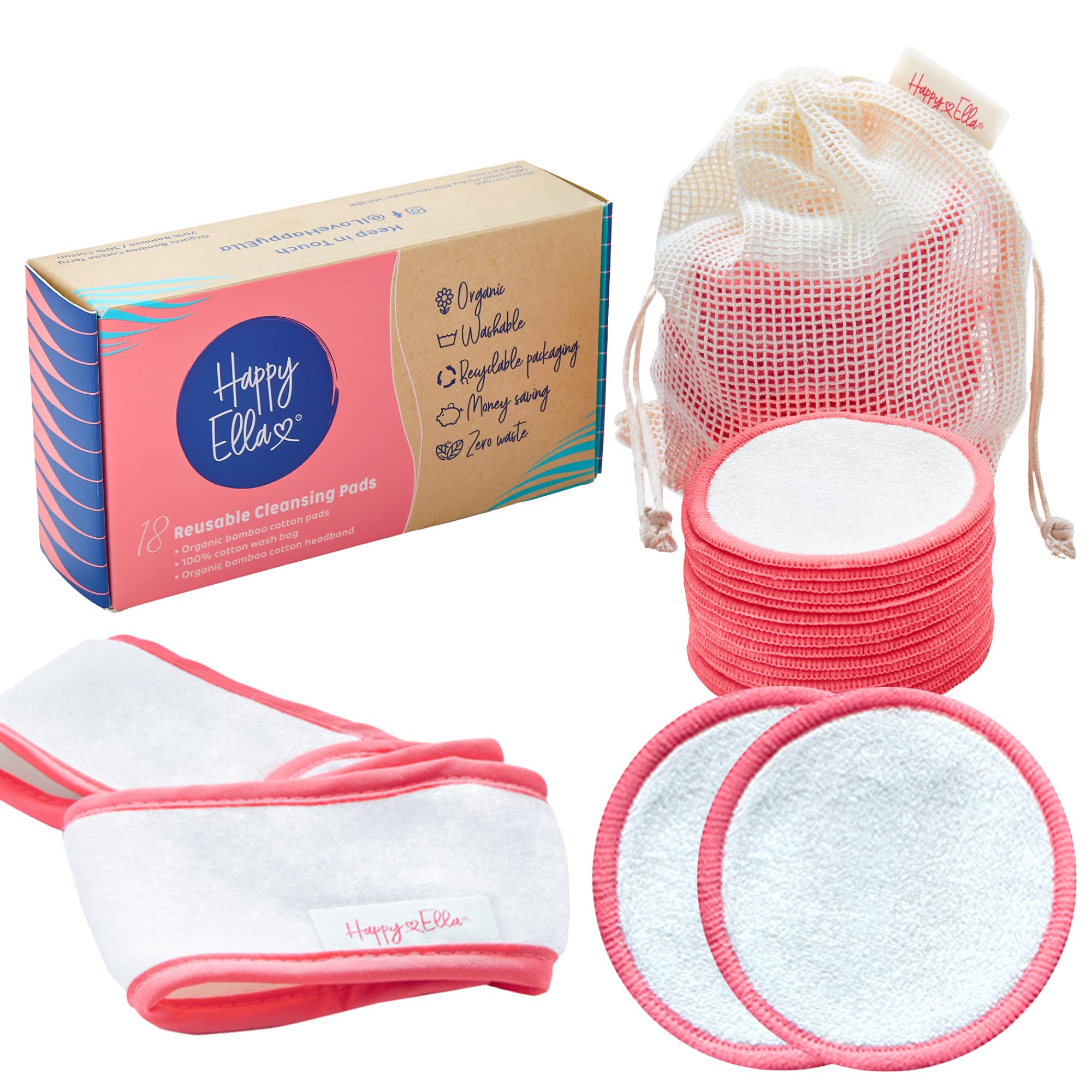 Reusable Cotton Pads x18 pack - Organic Bamboo Cotton Make Up Remover Pads with Large Laundry Bag and Headband. Eco Friendly Gifts, Make Up Gifts For Women By Happy Ella