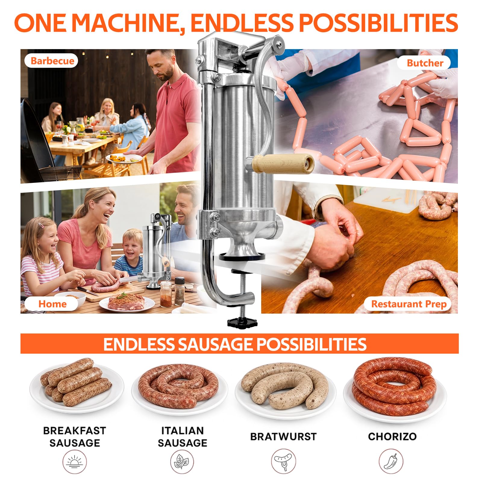 Joyeee 2.5 LB Embutidora de Salchichas Manual, Vertical Máquina para Embutidos de acero inoxidable con 4 tubos de llenado, para Hacer Chorizo Hot Dogs Bratwurst Tanto para Uso Doméstico como Comercial