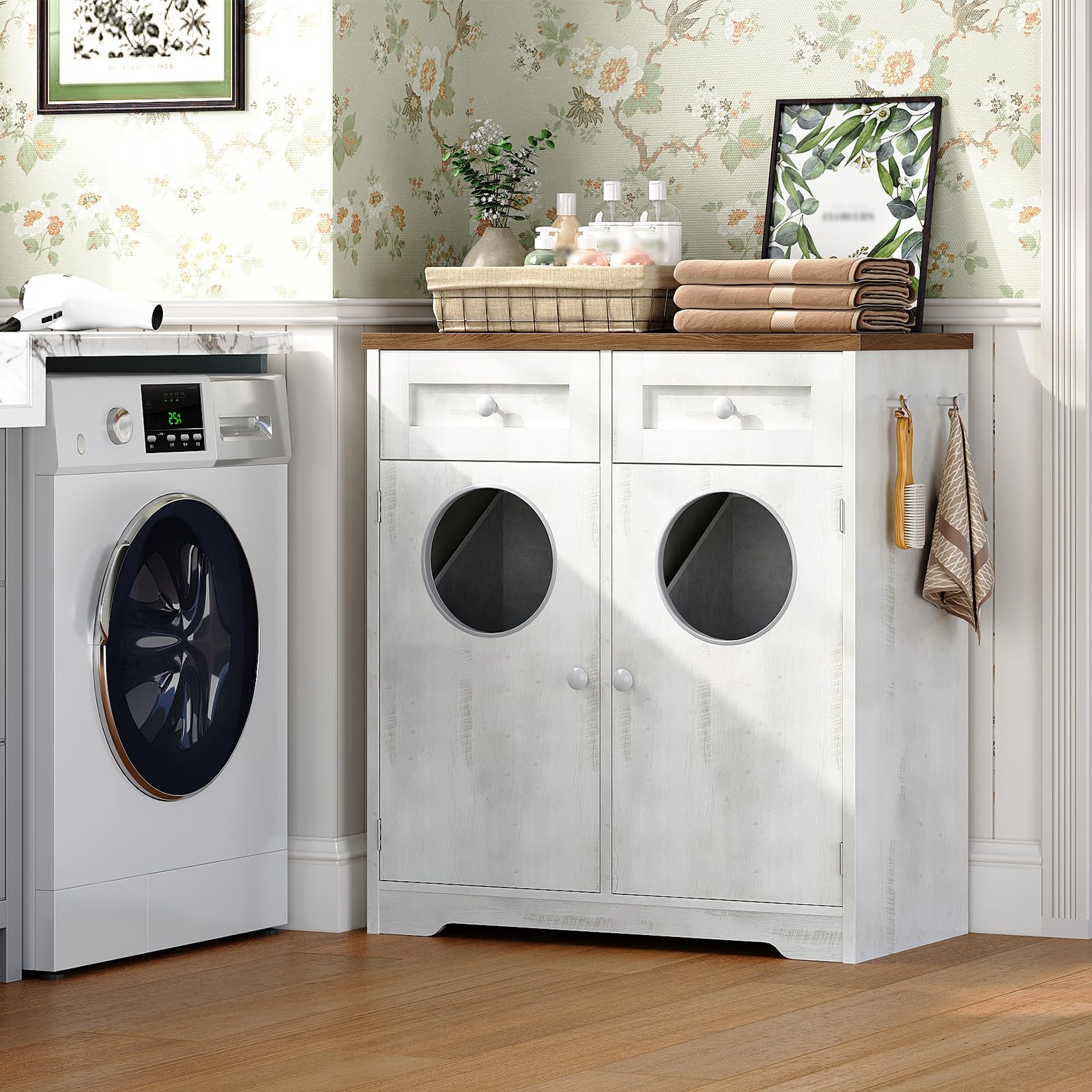 HOOBRO Mobile Portabiancheria per Bagno con Doppio Cesto Portabiancheria Inclinabile, Mobiletto Bagno con 2 Cassetto, 2 Sportelli, per Bagno, Lavanderia, Bianco e Noce EWHZ36XY01