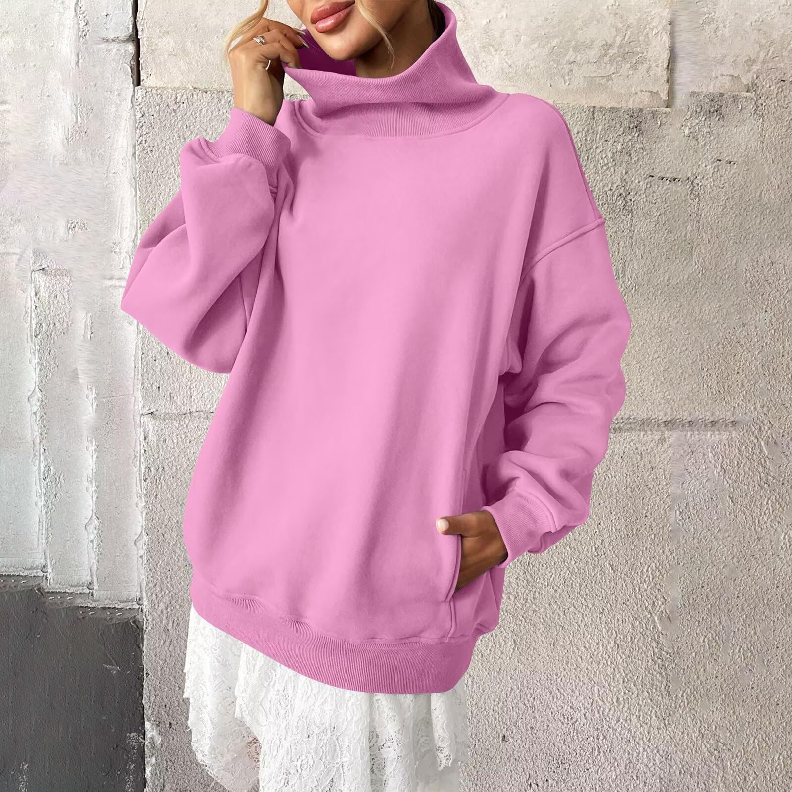 Generico Sudadera sin capucha para mujer cuello alto color liso manga larga