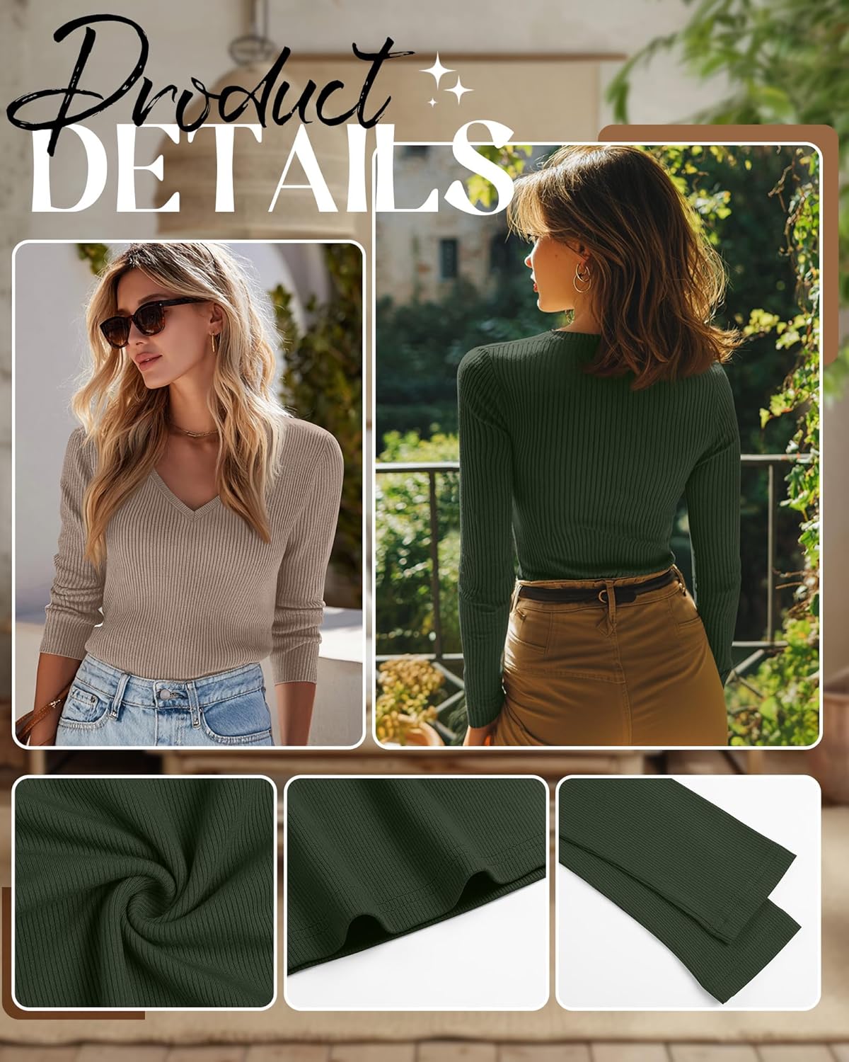 Riyiper 3 Pack Women Long Sleeve Shirts, 95% Cotton V Neck Ribbed Knit Tops Slim Fit Casual Going Out Tee Shirts - Image 4