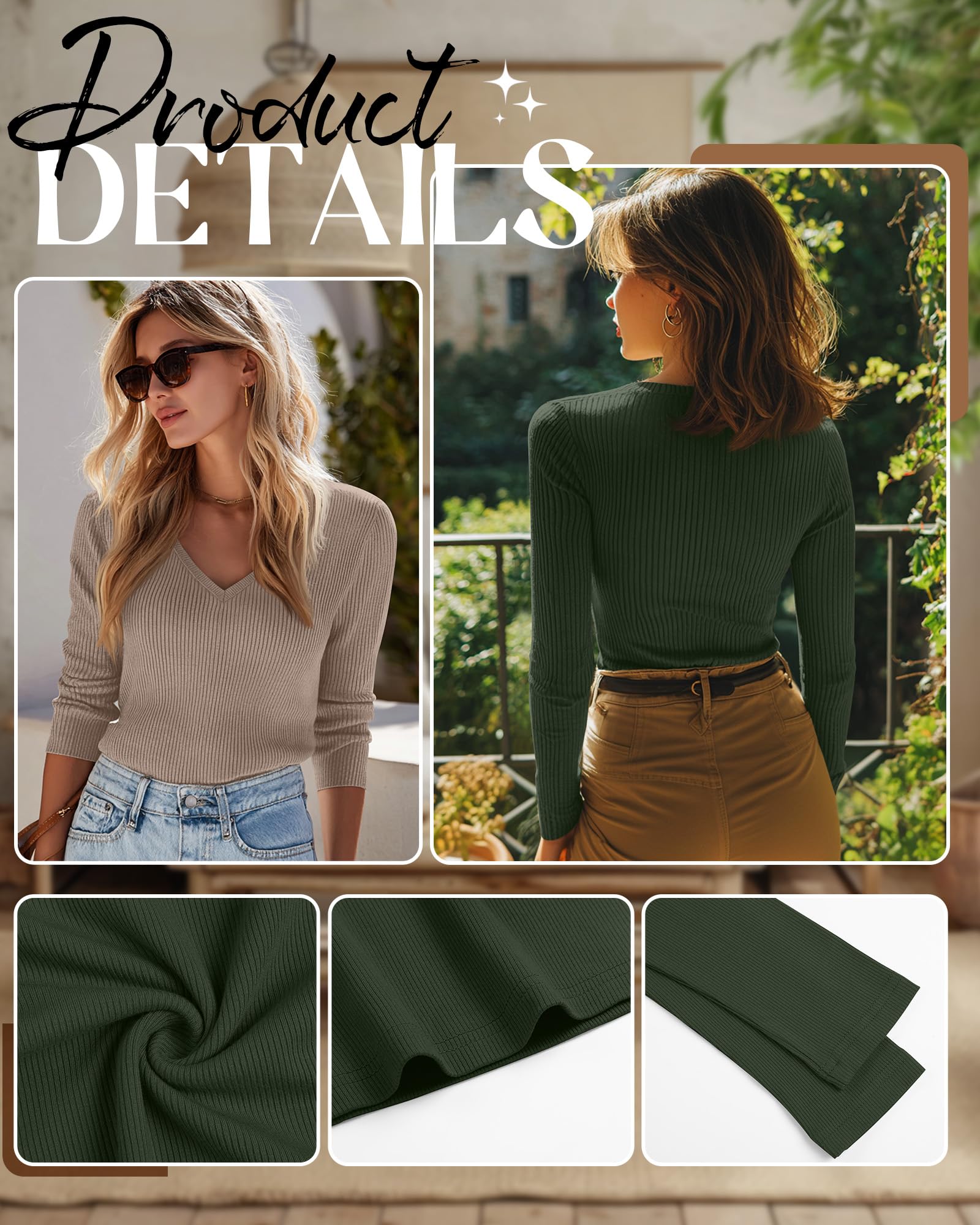 Riyiper 3 Pack Women Long Sleeve Shirts, 95% Cotton V Neck Ribbed Knit Tops Slim Fit Casual Going Out Tee Shirts