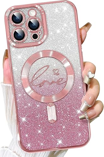Vista 359 de Fiyart - Funda transparente magnética con purpurina para iPhone 12 para mujeres, con grabado "Love" metálico, protección para cámara y antigolpes