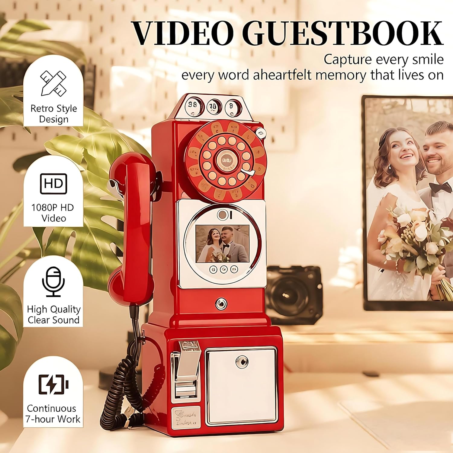 Video Guest Book,3-Level Volume Adjustment, 5-Level Screen Brightness, 7 Hours of Continuous Use, 5000mah Battery, 300 Minutes of Recording, for Wedding, Party and Gathering Red image 4