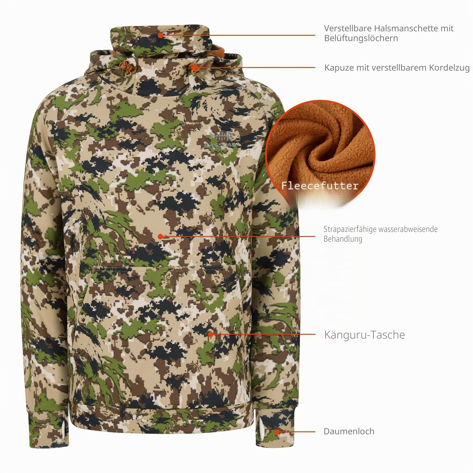 Bassdash Herren Fleece Hoodie Warmer Pullover Kapuzenpullover mit Schlauchschal Wasserdicht Jagd Angeln Sweatshirt FS18M