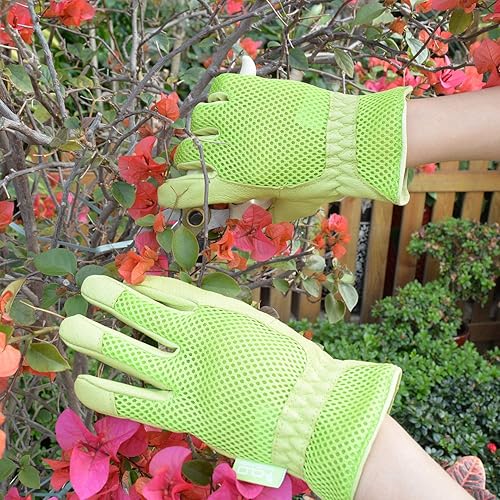Miniatura 6 de HANDLANDY- Guantes de jardinería de piel para mujer, ajuste cómodo de malla 3D, mejora la destreza y la transpirabilidad, guantes de trabajo de