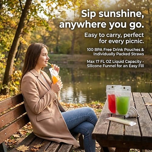 Miniatura 5 de C CRYSTAL LEMON 100PCS Reclosable Drink Pouches with Straws & Funnel, Leakproof Beverage Bags for Cocktails, Juice, Smoothies & Slushies, Party &