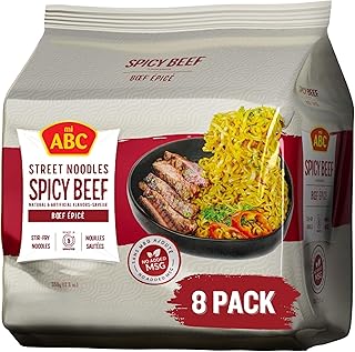 ABC Spicy Beef Street Noodles, 12.3 Oz (Pack of 8), Hot & Spicy Stir-Fry Instant Ramen, 8g Protein, No MSG, No Artificial Flavors or Colors, Halal