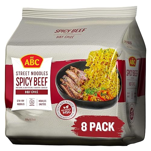 ABC Fideos callejeros de carne picante, 12.3 onzas (paquete de 8), ramen instantáneo salteado y picante, 0.23 onzas de proteína, sin MSG, sin