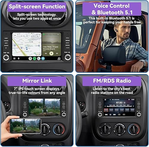 Miniatura 6 de 4G 64G Android 13 Estéreo de coche para Jeep Wrangler JK Radio Dodge Ram 1500 con CarPlay inalámbrico y Android Auto, pantalla táctil de 7 pulgadas