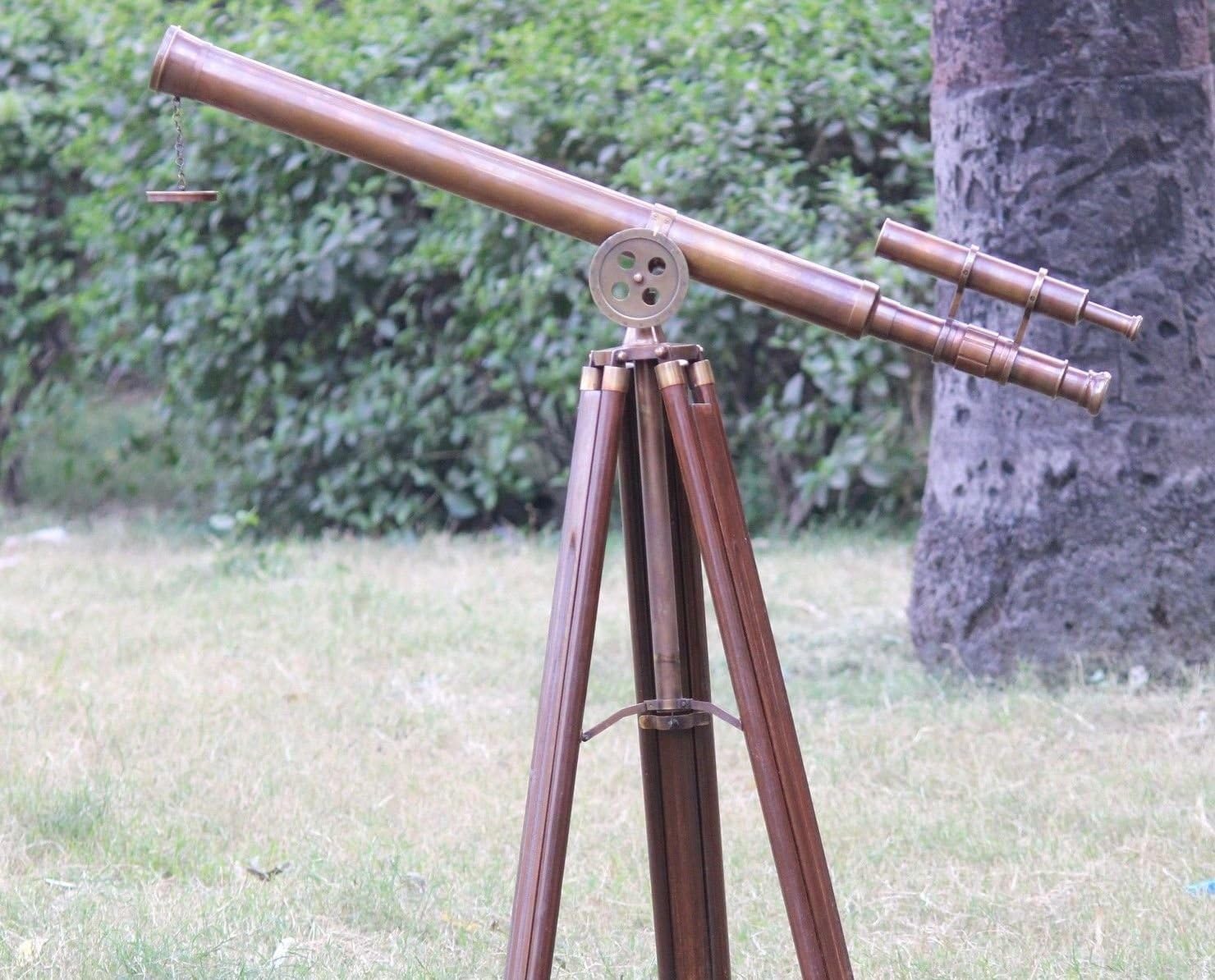 Vintage Solid Brass Tripod Port Marine Navy Double Barrel Telescope with Free Chrome Spike
