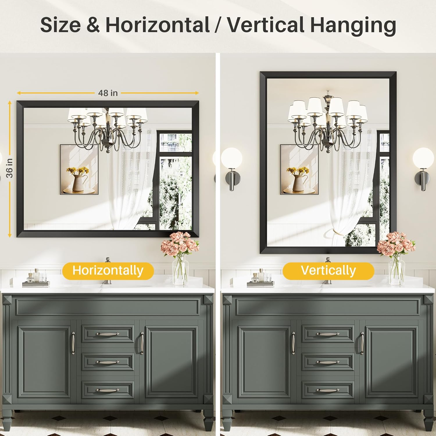 Briivue 48x36 Inch Black Bathroom Mirror for Wall, Thick Metal Framed Rectangle Mirrors for Over Sink, Bedroom, Living Room, Entryway, Anti-Rust, HD Tempered Glass