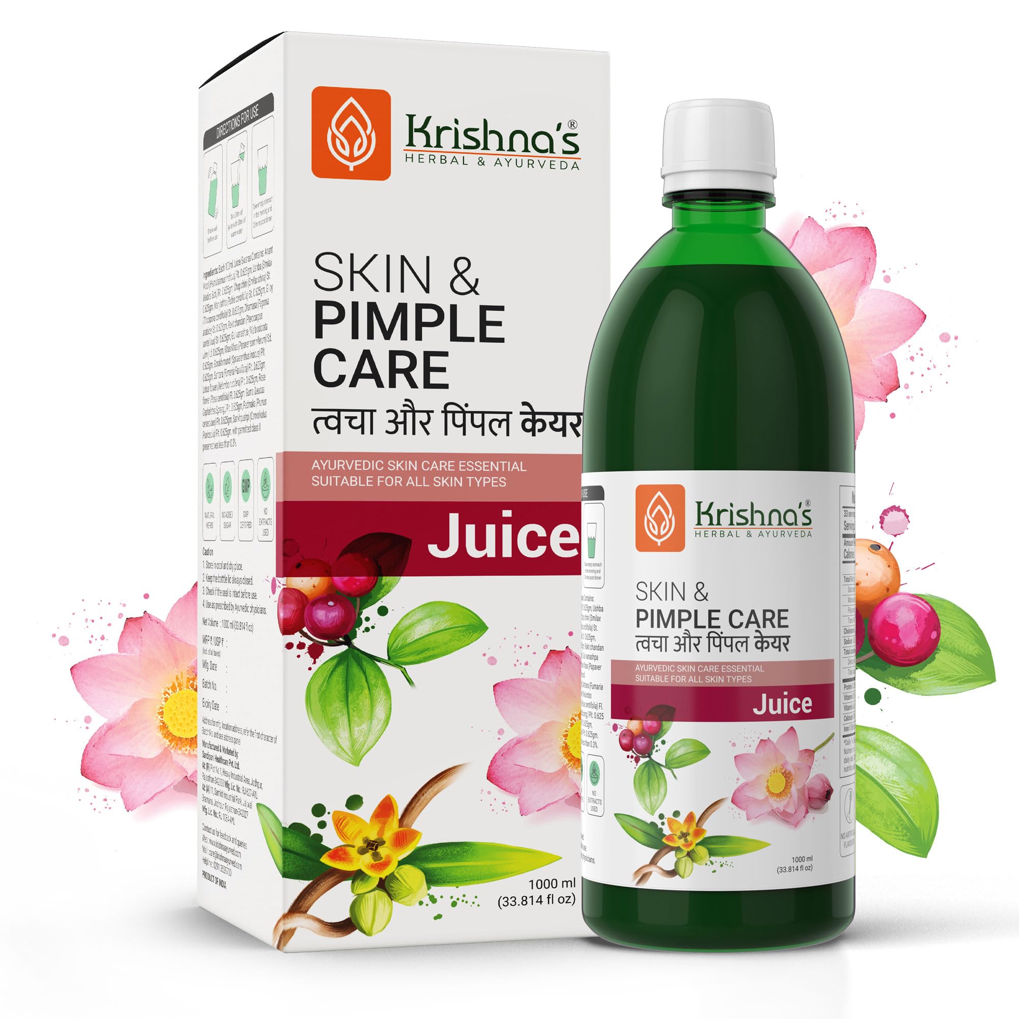 KRISHNA'S HERBAL & AYURVEDA Skin & Pimple Care Juice - 1000 Ml | Ayurvedic Skin Care Expert With Manjisth, Rose, Sankhpushpi & 13 Other Herbs | Helps In Reducing Acne, Pimples & Dark Spot