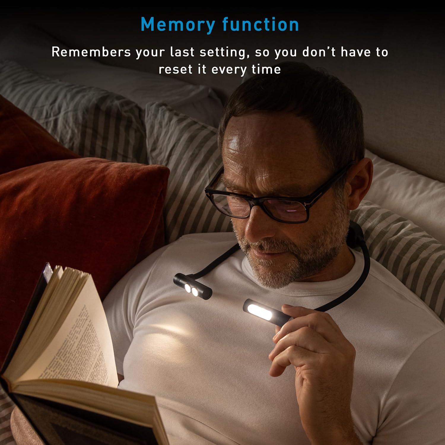 Daylight DuoNeck Go Rechargeable LED Neck Reading Light 95+ CRI Hands-Free Book Light, Floodlight & Spotlight, 3 Color Temps, USB-C, 100-Hr Battery for Reading, Knitting, Crafts