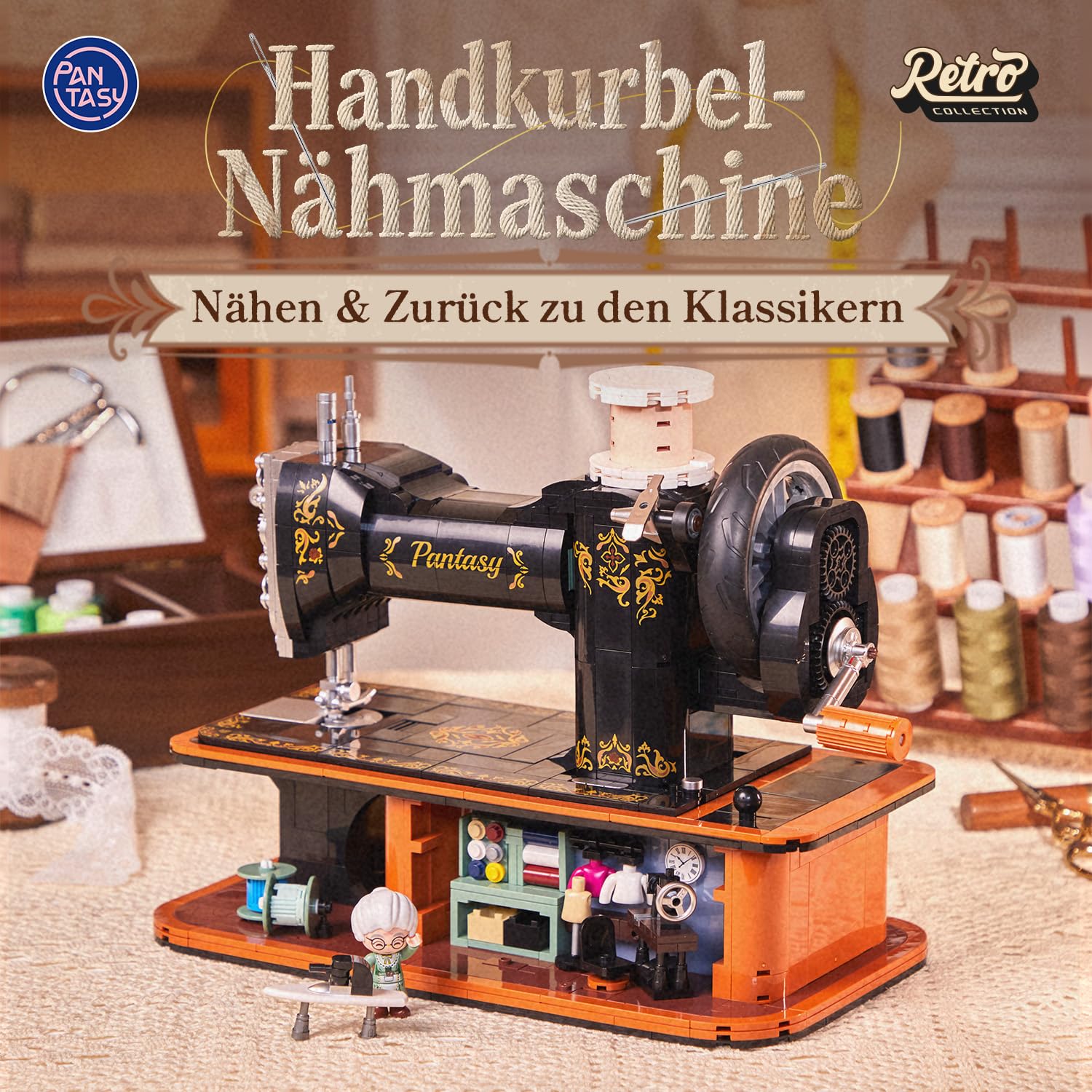 PANTASY Retro Nähmaschine Klemmbausteine Set | Vintage-Modell mit Handkurbel, funktionierendem Zahnradmechanismus und versteckter Mini-Schneiderei zum Ausstellen