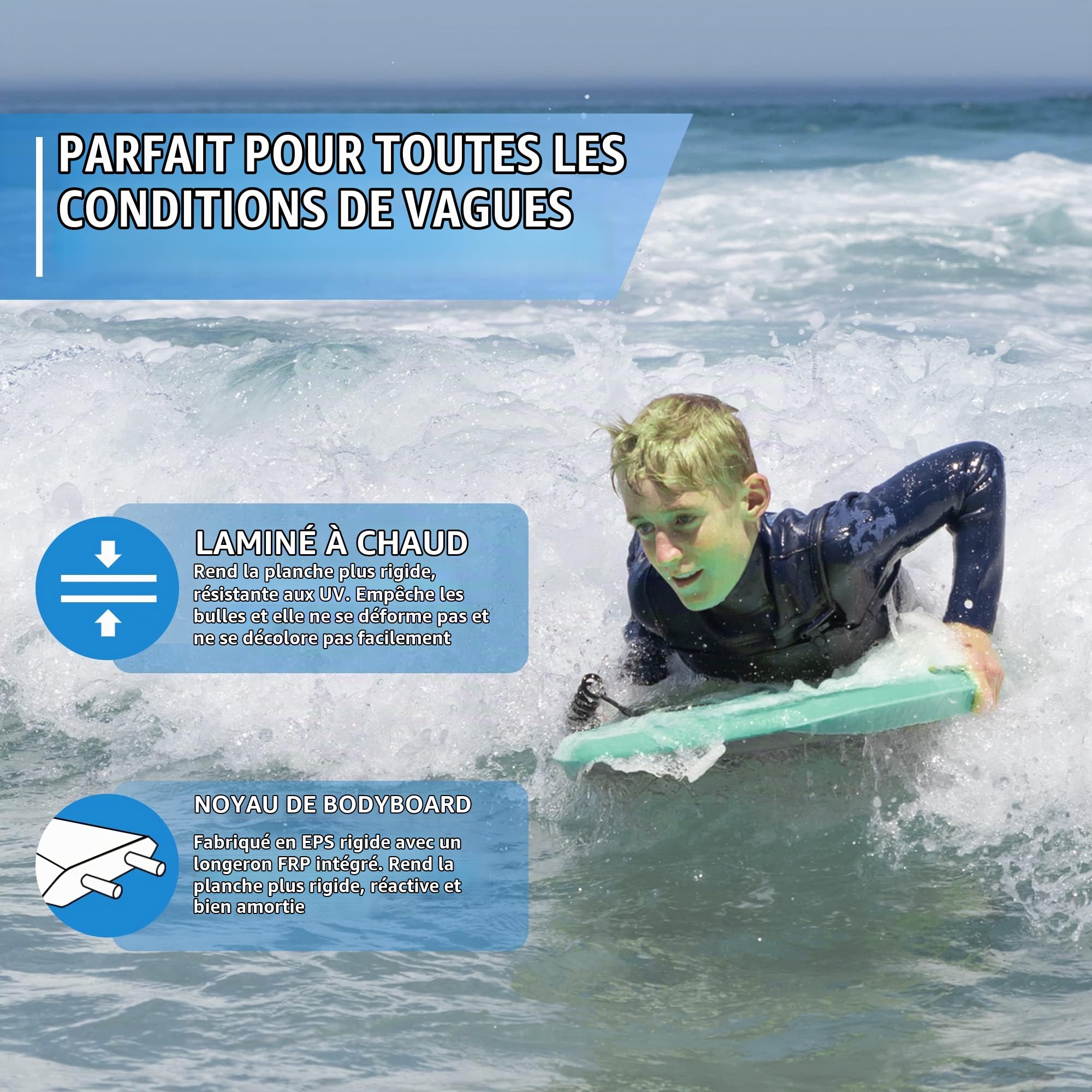 Planche de Bodyboard Reed de 83,8 cm pour Enfants de Plage avec Noyau EPS léger, Double Canal pivotant, Laisse enroulée pour Tous Les Niveaux de Surf