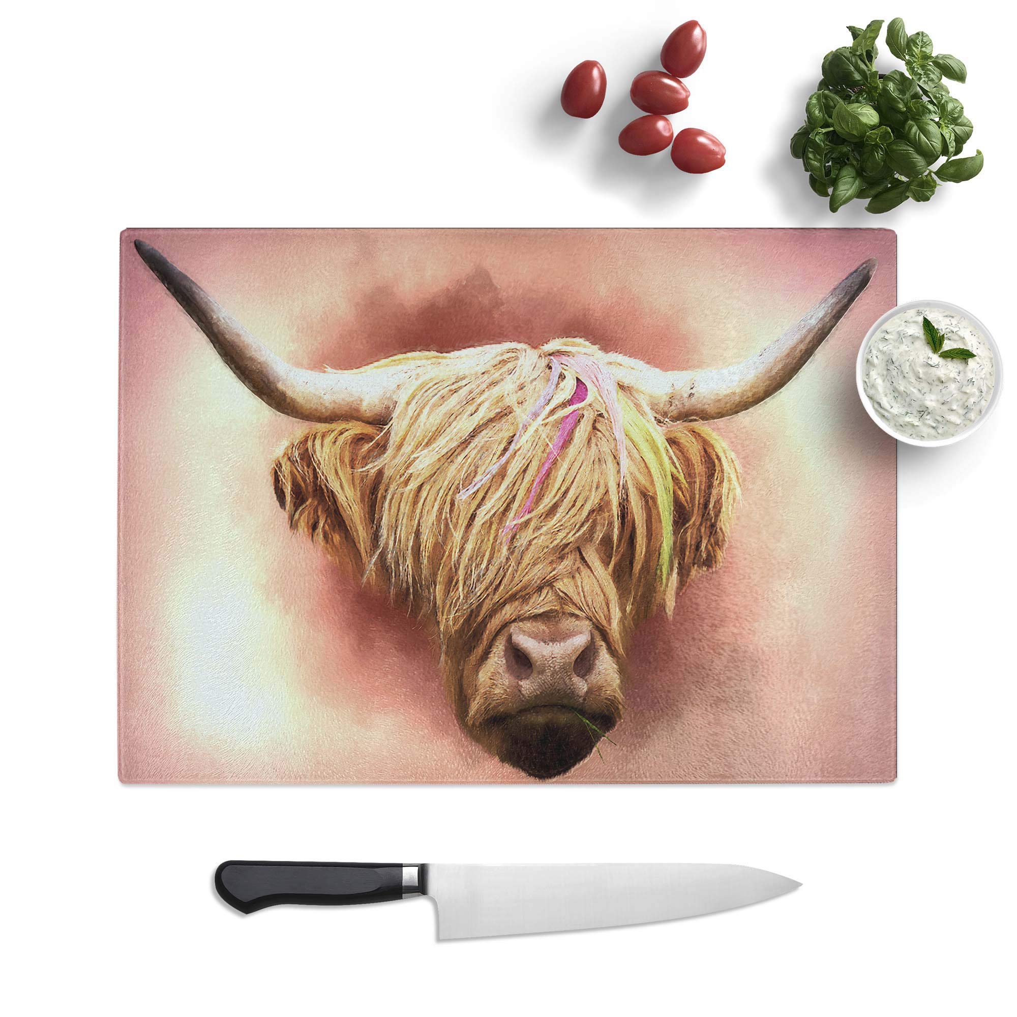 Glass Chopping Board - Head of a Highland Cow in Abstract by Adam BG - Textured Worktop Saver Cutting Board - Heat Resistant, Shatterproof and Hygenic - 28.5 x 20 cm