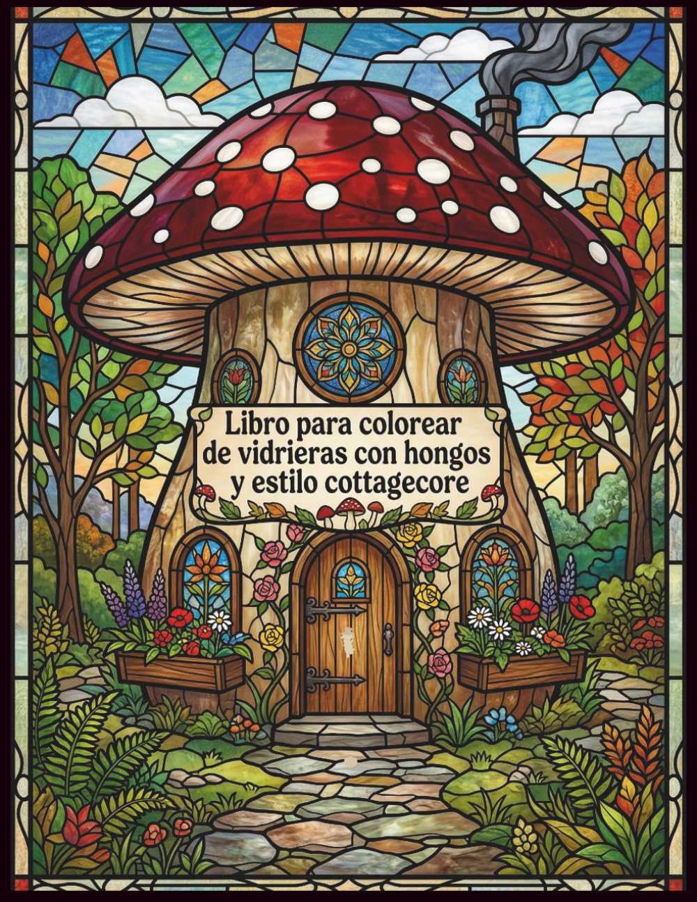Libro para colorear de vidrieras con hongos y estilo cottagecore: Libro para colorear anti estrés con hongos, vidrieras artísticas, paisajes cottagecore, flores y escenas de bosque para adultos