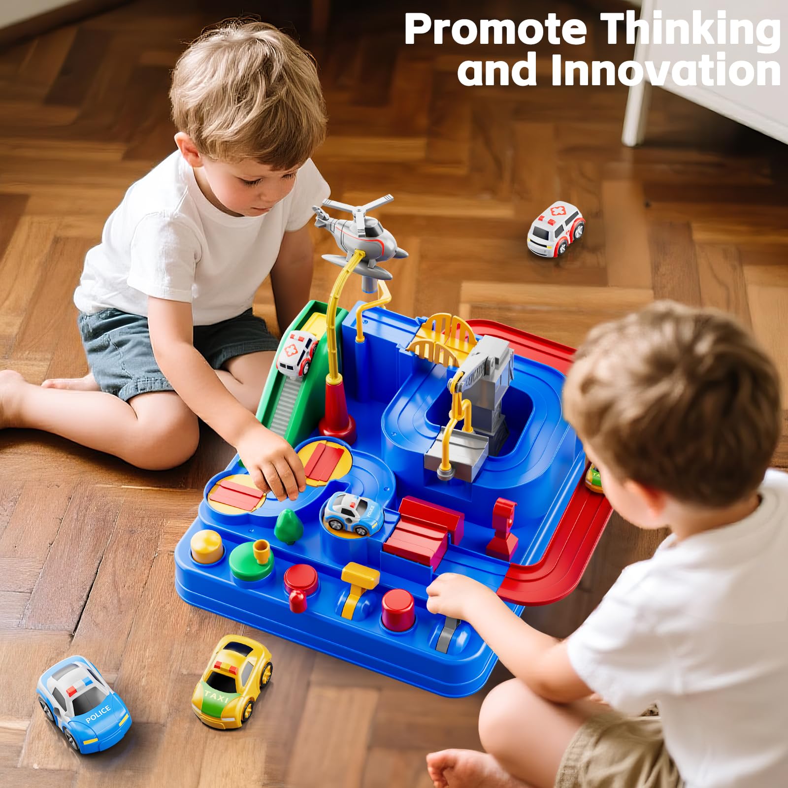 Car Race Track for Kids Ages 4-8, Kids Car Toys for 3 Year Old Boys, Race Track for Toddlers 1-3, City Set with 3 Small Cars and Helicopter, Educational Birthday Gifts