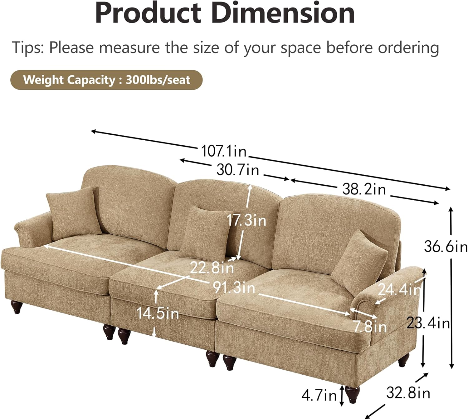 Elegant Medieval Sofa with Flared armrests and Detachable Ruffled Pleated Skirt and Spindle Legs, Comfortable Living Room Combination 2/3/4 Person 4colors (Coffee, 3 Seat)