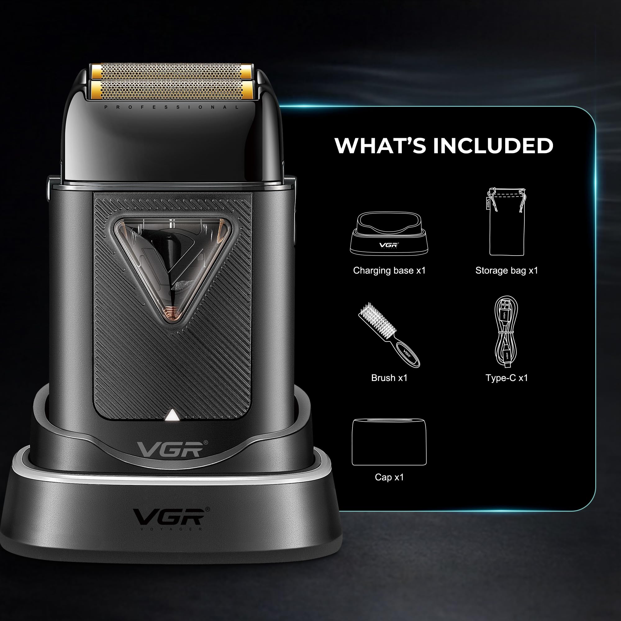 VGR Rasoio elettrico professionale da uomo, con motore vettoriale da 8000 giri/min, rasatura ravvicinata, doppia lamina galleggiante, senza fili, ricaricabile tramite USB-C, con cappuccio UV, per viso