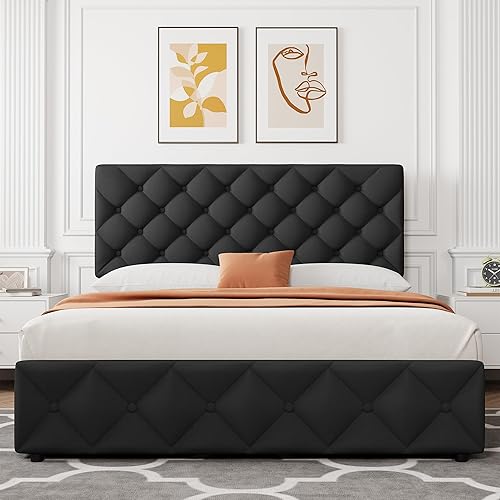 Miniatura 6 de IDEALHOUSE - Base de cama tamaño Queen con 4 cajones de almacenamiento y cabecera ajustable, camas con plataforma tapizada en lino, botones con