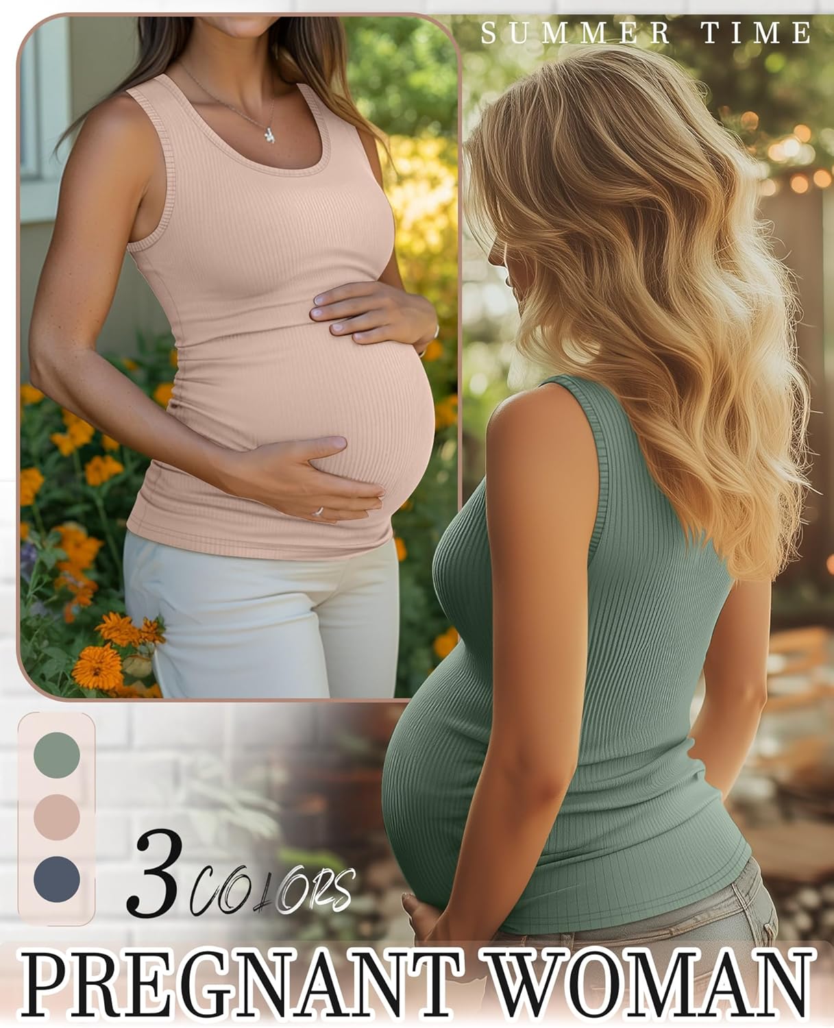 Riyiper 3 Pack Women's Maternity Tank Tops, Sleeveless Cotton Pregnancy Shirts Ribbed Knit Sides Ruched Basic Mama Clothes - Image 3