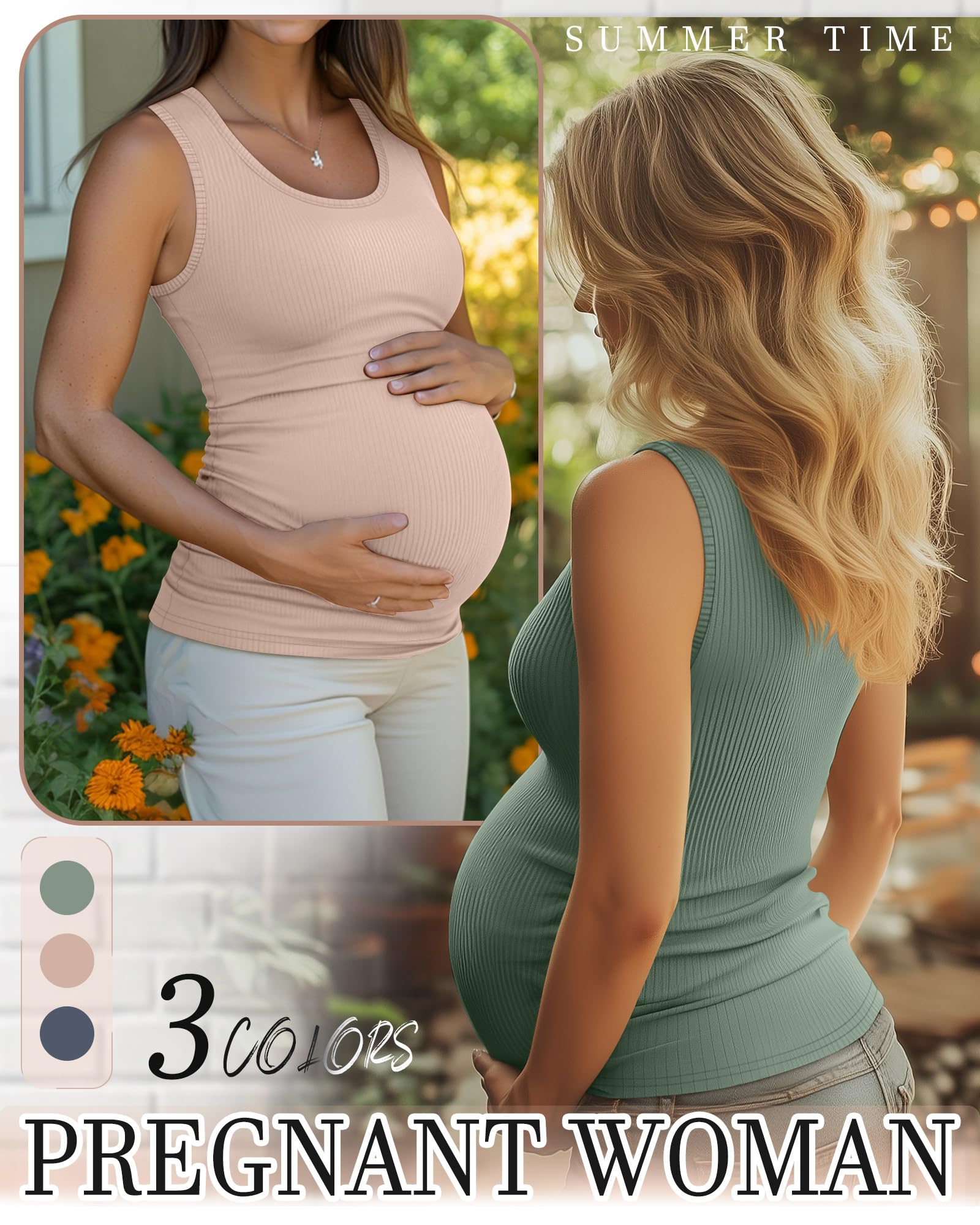 Riyiper 3er-Pack Damen-Schwangerschafts-Tanktops, Ärmellos, aus Baumwolle, mit Gerippten Seiteneinsätzen und Raffungen