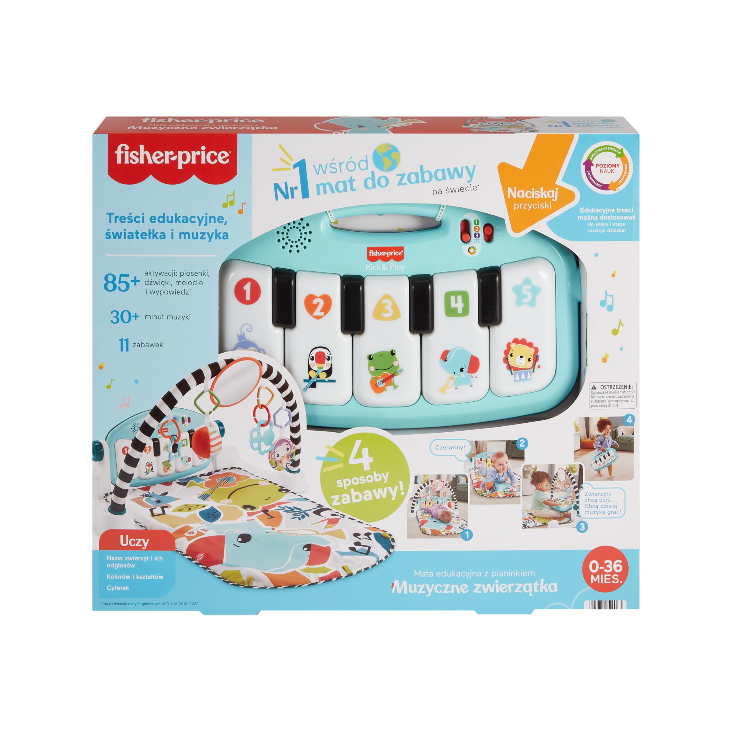 Fisher-Price Mata edukacyjna z pianinkiem Muzyczne zwierzątka, przenośna zabawka muzyczna z Poziomami nauki dla dzieci od narodzin, polska wersja językowa, HWY57
