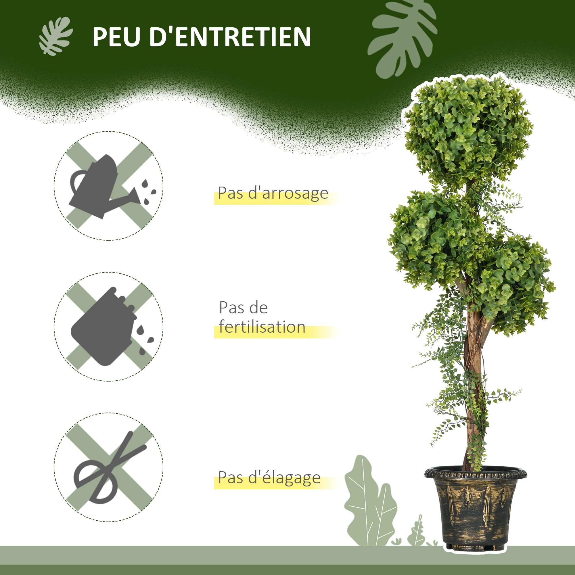 HOMCOM Pianta artificiale 3 palle di bosso con vaso in cemento, per interni ed esterni, altezza 115 cm