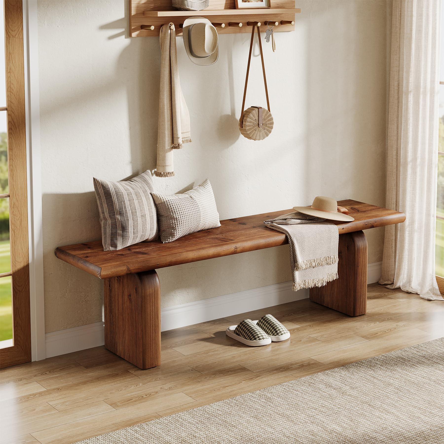 62.99" Solid Wood Entryway Bench, Indoor Wooden End of Bed Bench | Farmhouse Style, Ideal for Entryway, Hallway, Bedroom, Dining Room, Living Room, Easy Assembly, Rustic Brown