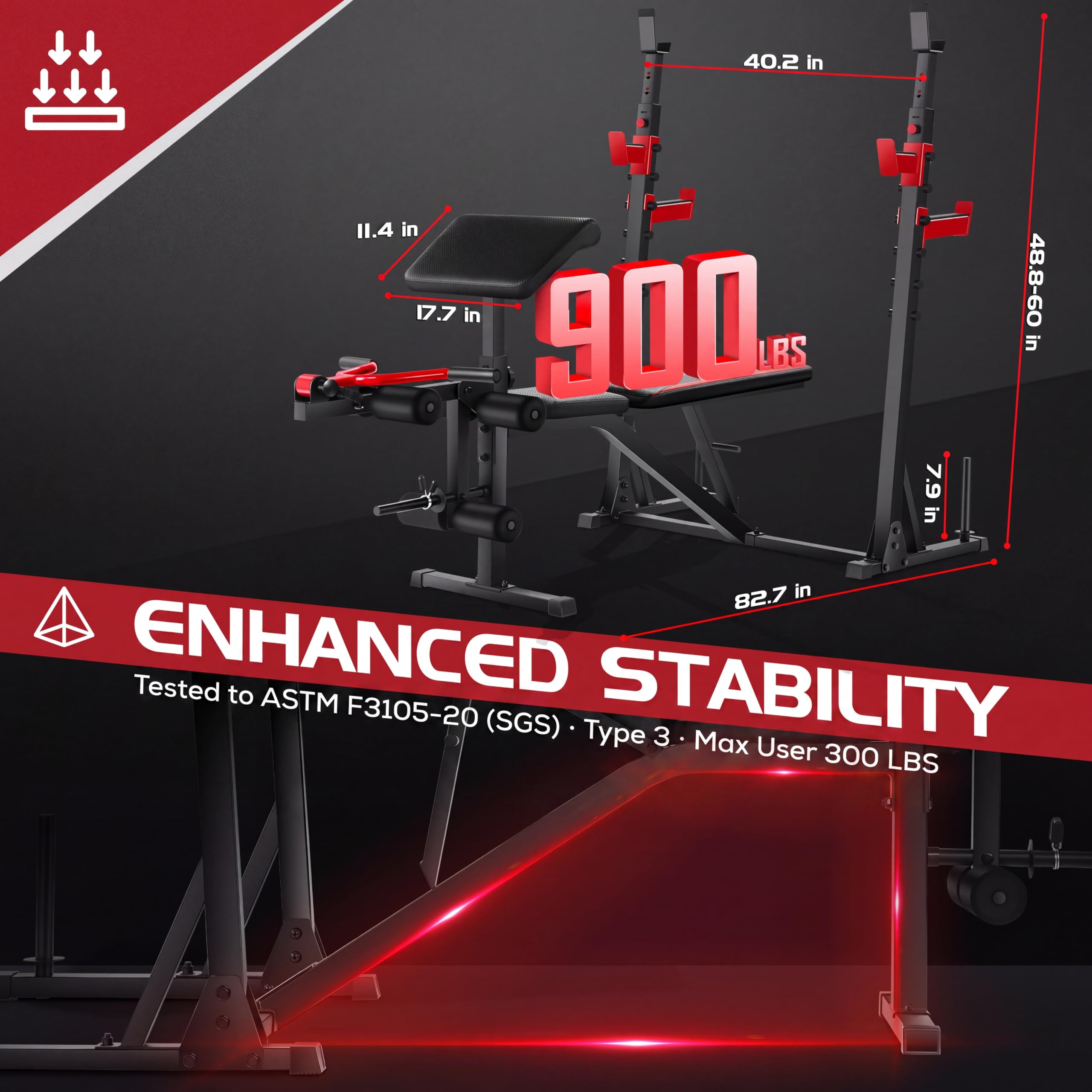 ASTM-Certified 900LBS Weight Bench Set with Squat Rack & Leg Extension, Preacher Curl Workout Bench & Bench Press Set for Home Gym Full Body Training