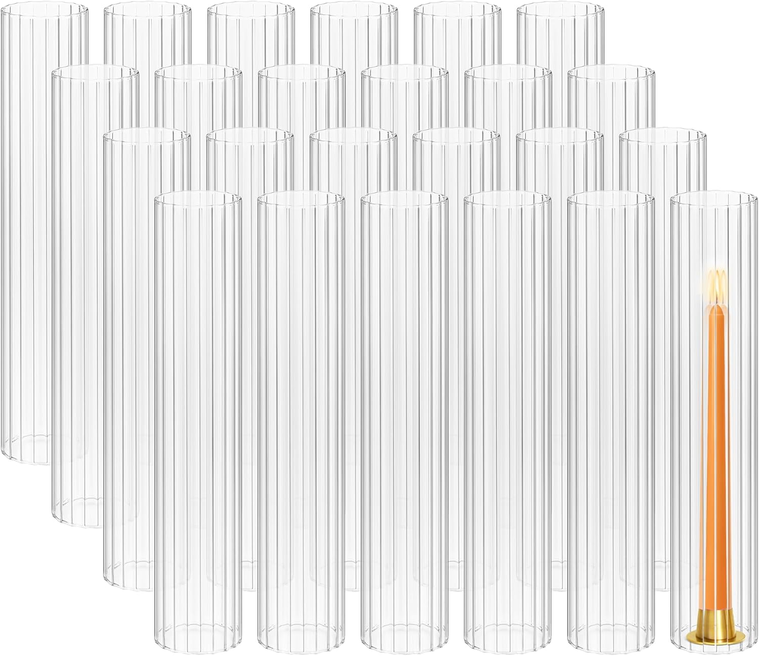 Showgeous 24PCS Hurricane Candle Holder Sleeve,D:2.5"H:14" Open Ended Hurricane Glass Cylinder,Ribbed Clear Glass Cylinder Candle Holder, Hurricane Covers for Centerpieces Wedding Christmas Home Decor