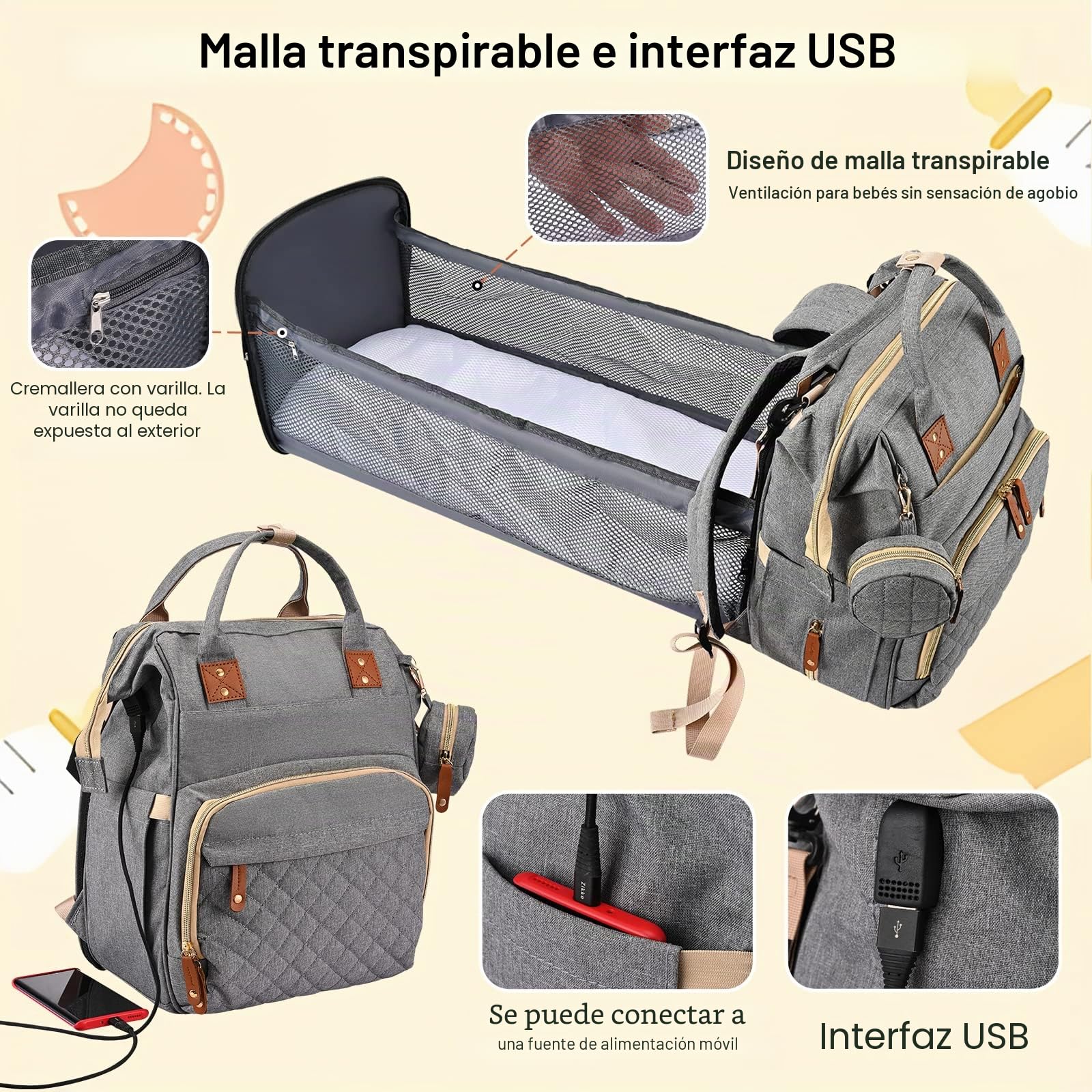 Bolso del Bebé Mamá Multifuncional, Mochila Cambiador de Bebé con Cuna Plegable, Mochila de Pañales con Puerto de Carga USB, Bolsa de Pañales de Tela Oxford Impermeable de Gran Capacidad para Bebé