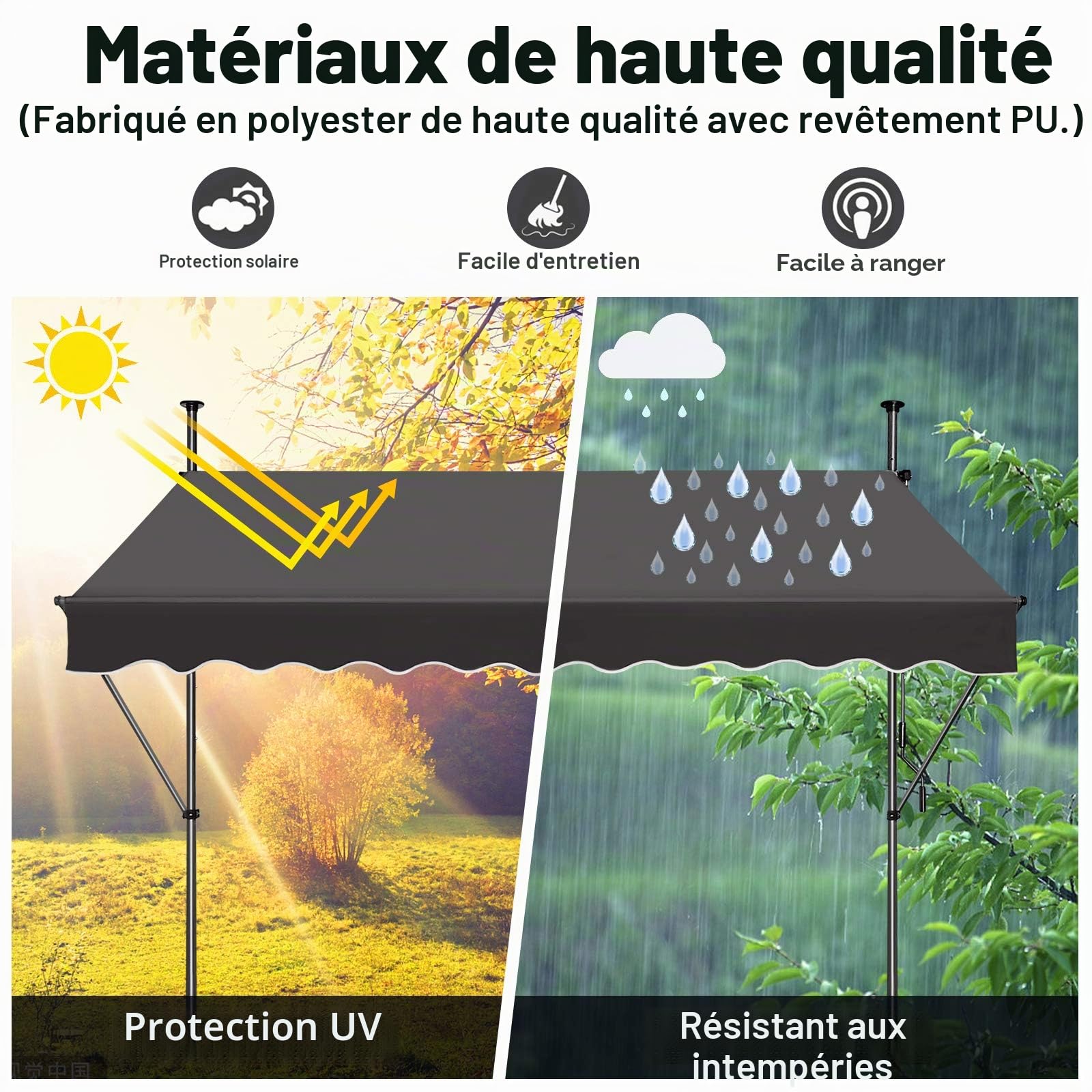 LZQ Store de balcon rétractable manuel, à manivelle, réglable en hauteur, résistant aux UV, sans perçage, 100 % polyester, gris foncé, 200 x 120 cm